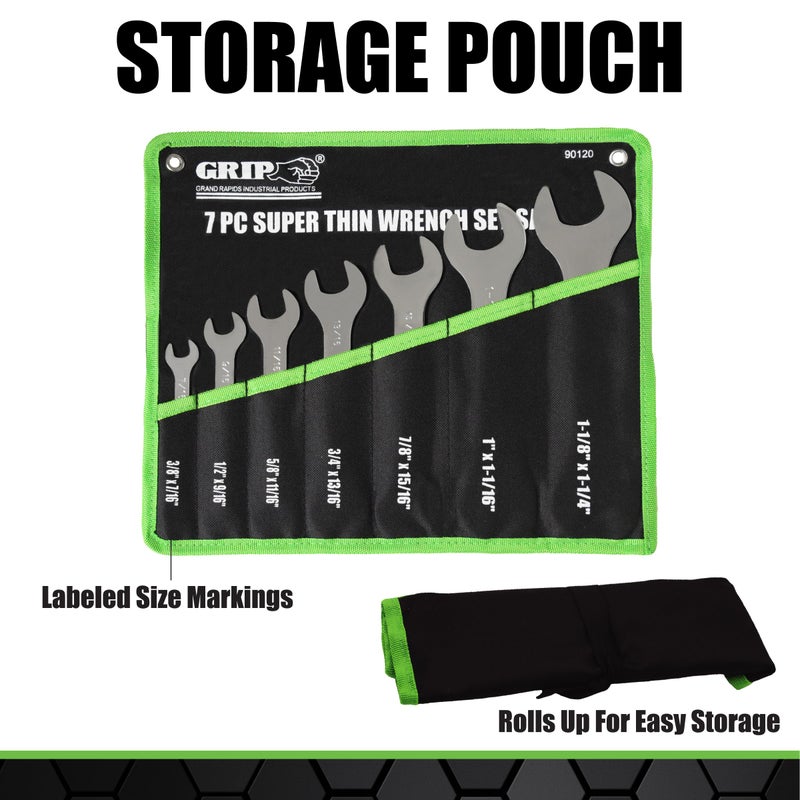 Grip 7 pc Super Thin Open End Wrench Set - 1/8" Thickness - Sizes: 3/8" x 7/16", 1/2" x 9/16", 5/8" x 11/16", 3/4" x 13/16", 7/8" x 15/16", 1" x 1-1/16", 1-1/8" x 1-1/4" - Roll Up Storage Pouch - Image 4